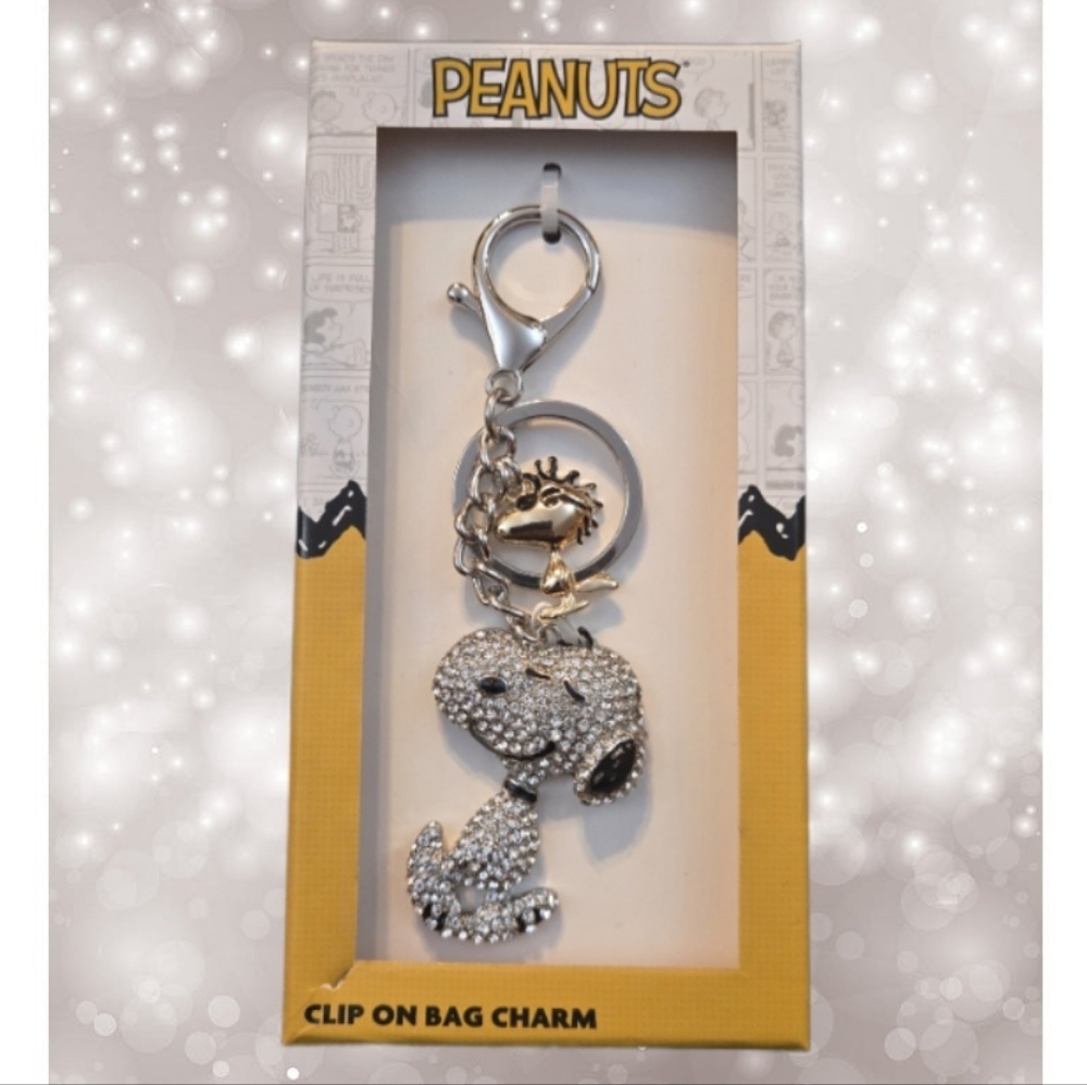 Peanuts Snoopy & Woodstock Silver And Rhinestone Bag Charm, New In Box
